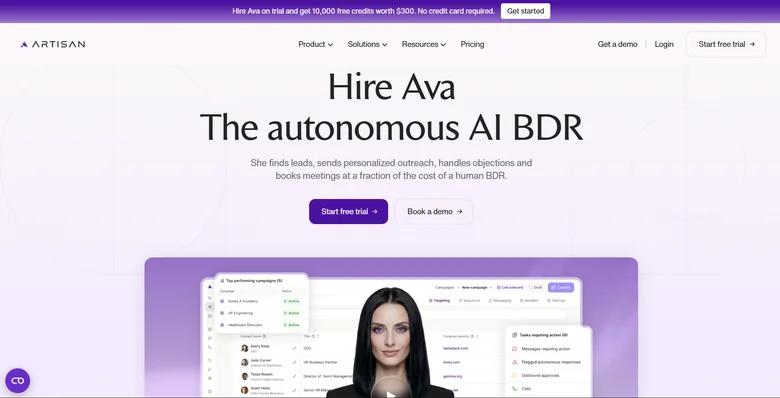 Artisan homepage showing AI SDR agent Ava for autonomous B2B outbound prospecting with public tiered pricing