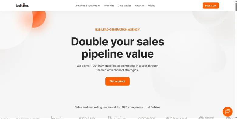 Belkins homepage showing B2B lead generation agency services with appointment setting and outbound prospecting offerings for 2026