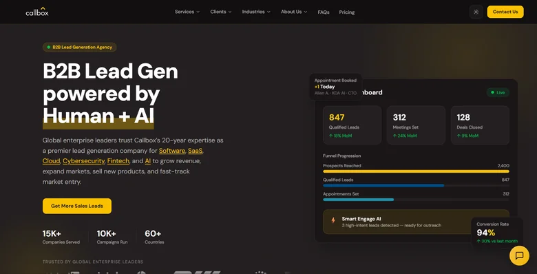 Callbox homepage showing multi-region B2B lead generation services across APAC, North America, and EMEA with 20-plus years of operating history