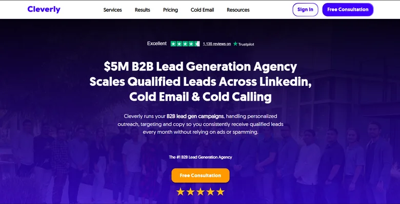 Cleverly homepage showing LinkedIn-focused B2B lead generation services with tiered pricing for outbound campaigns