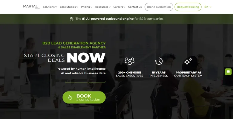 Martal Group homepage highlighting fractional SDR team for B2B SaaS and technology lead generation in North America and EMEA