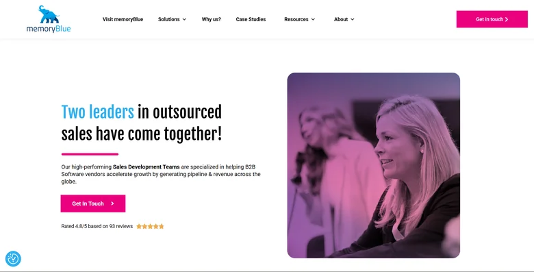 memoryBlue (which acquired Operatix in 2024) homepage showing the merged outsourced sales development organization with regional SDR pods across North America, EMEA, and APAC