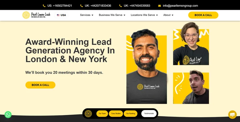 Pearl Lemon Leads homepage showing boutique B2B lead generation services with high-touch outreach and personalized campaigns