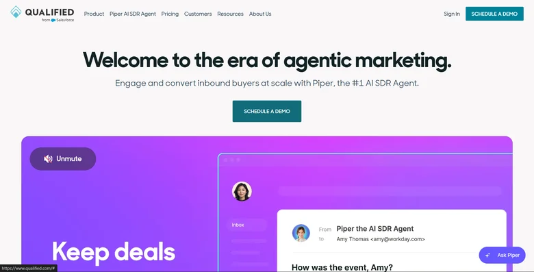 Qualified homepage showing AI SDR Piper for B2B website conversion and inbound lead qualification using conversational AI