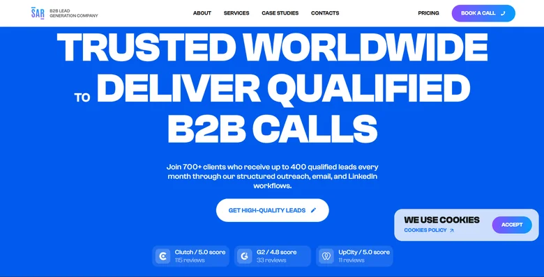 SalesAR homepage showing multi-channel B2B lead generation services across email, LinkedIn, and cold calling for mid-market clients