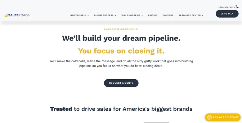 SalesRoads homepage showing outsourced appointment setting and B2B lead generation services for US mid-market clients