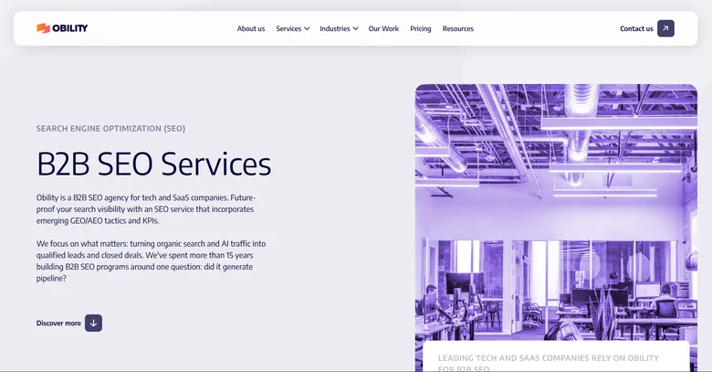 Obility B2B SEO Services page highlighting 15 years of B2B-only specialization with GEO and AI tactics for tech and SaaS