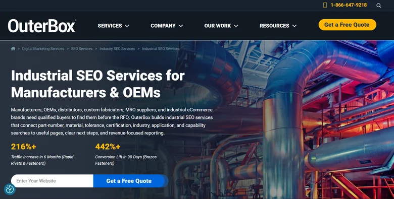 OuterBox Industrial SEO Services page showing 216 percent traffic increase and 442 percent conversion lift for manufacturers and OEMs