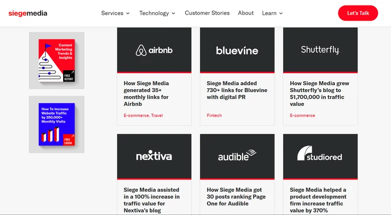 Siege Media case studies grid showing earned link-building work for Airbnb, Bluevine, Shutterfly, Nextiva, Audible, and StudioRed