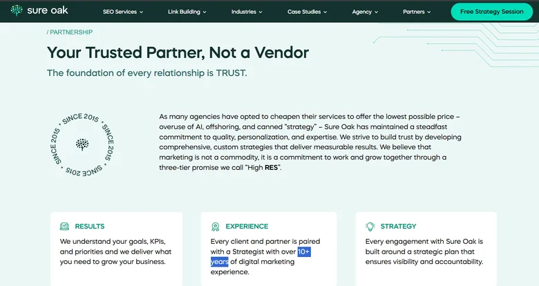 Sure Oak homepage Your Trusted Partner Not a Vendor section showing High RES commitment to long-term B2B SEO partnership since 2015