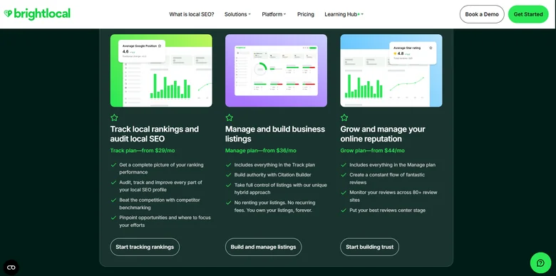 BrightLocal homepage showing its three local SEO products: rank tracking and audits, listings management, and reputation