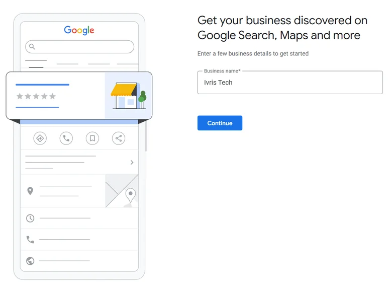 Google Business Profile setup screen with a business name entered and a phone preview of the Google Search and Maps listing