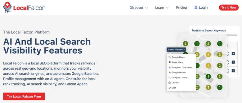 Local Falcon platform page showing local search visibility tracking across Google Maps, Business Profile, and AI engines
