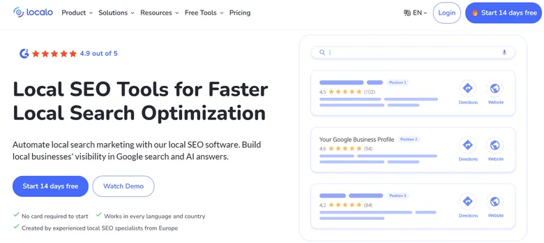 Localo homepage showing its local SEO software with a mock local search result ranking businesses by position and rating