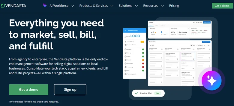 Vendasta homepage showing its end-to-end white-label platform with a branded agency dashboard mockup for reselling services