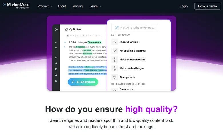 MarketMuse Optimize editor with an AI Assistant panel offering improve-writing, grammar, and tone edits on a sample article