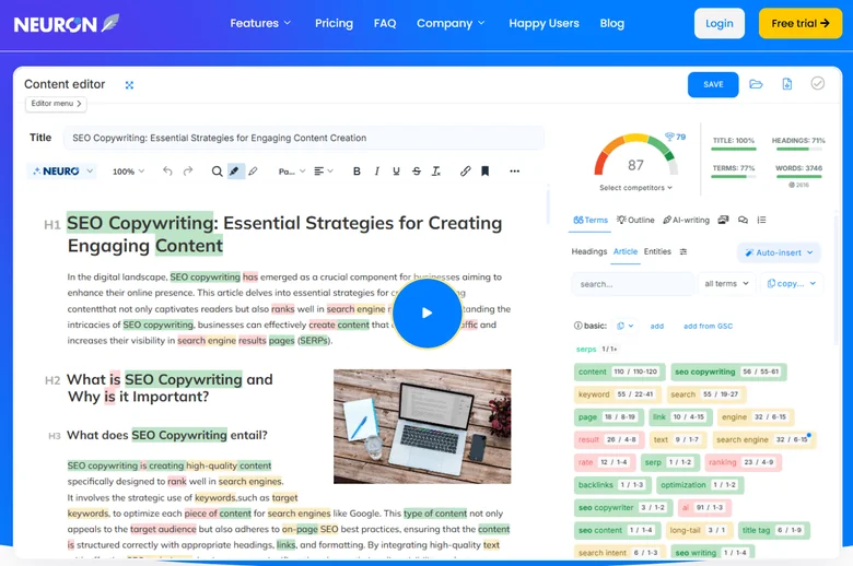 NeuronWriter content editor on an SEO copywriting article showing an 87 content score and a recommended-terms panel