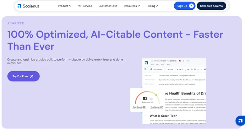 Scalenut homepage hero promoting AI-citable content, with a content-score preview showing 76 average and 87 top