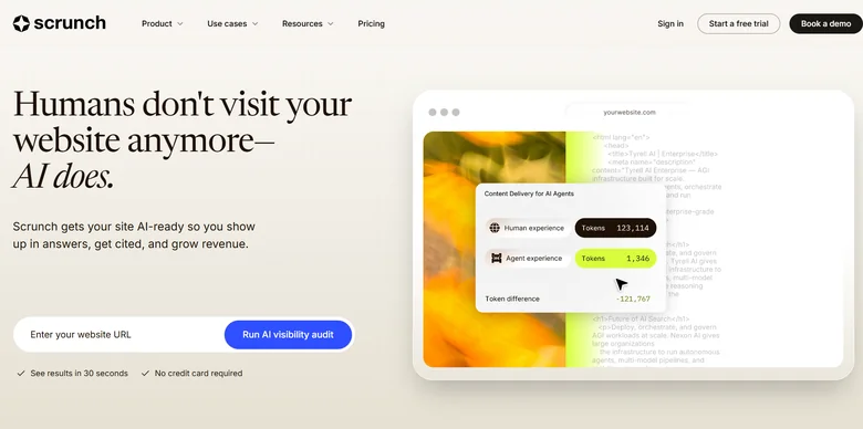 Scrunch AI homepage hero saying AI now visits sites instead of humans, with a Run AI Visibility Audit URL input field