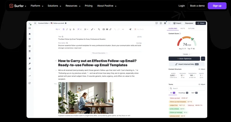 Surfer SEO Content Editor scoring a follow-up-email article at 74 with a live terms and structure panel on the right