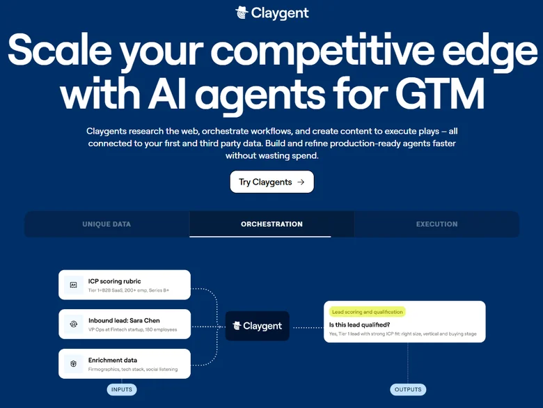 Clay's Claygent page showing an AI GTM agent running ICP scoring, lead enrichment, and qualification