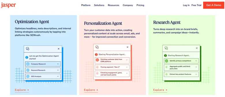 Jasper Marketing Agents page showing Optimization, Personalization, and Research agents for automating B2B content tasks