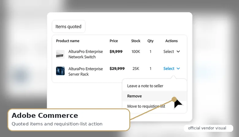 Adobe Commerce B2B features page showing company accounts, shared catalogs, requisition lists, and quote workflows for enterprise sellers