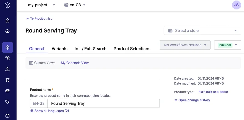 commercetools Merchant Center product detail view (Round Serving Tray) with General/Variants/Search tabs, locales, and Published status