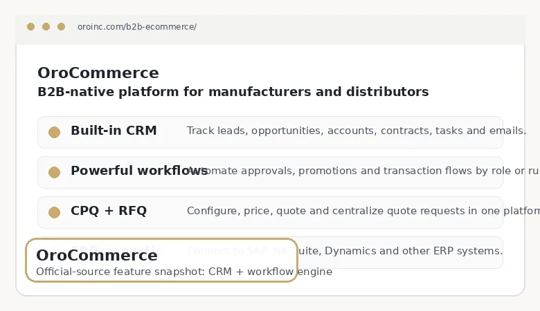 OroCommerce B2B platform page showing multi-organization structure, built-in CRM, workflow engine, and quote management for manufacturers