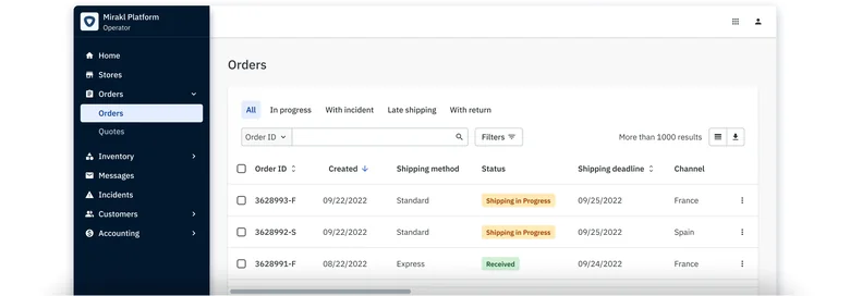 Mirakl operator dashboard showing the orders view, the platform for running B2B multi-vendor marketplaces at scale