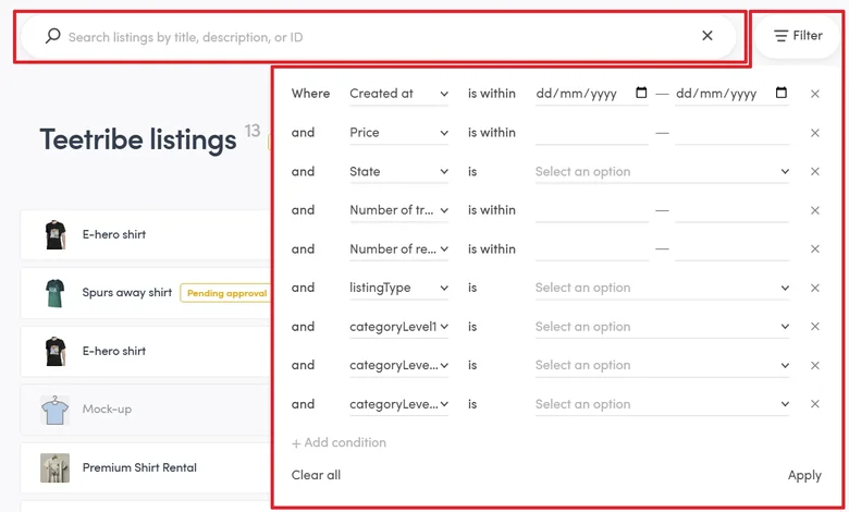 Sharetribe marketplace admin showing listings and filters, the no-code platform for launching a niche B2B marketplace