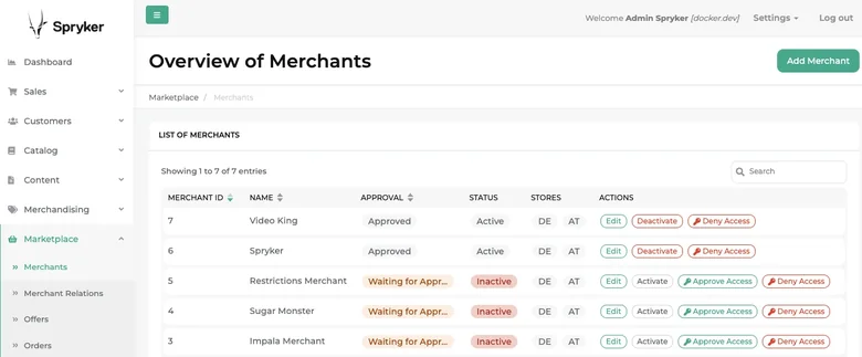 Spryker merchant admin showing the merchants overview, the composable B2B platform for industrial and wholesale marketplaces