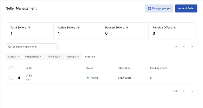 VTEX seller management screen listing marketplace sellers and integrations, part of its enterprise B2B and D2C suite