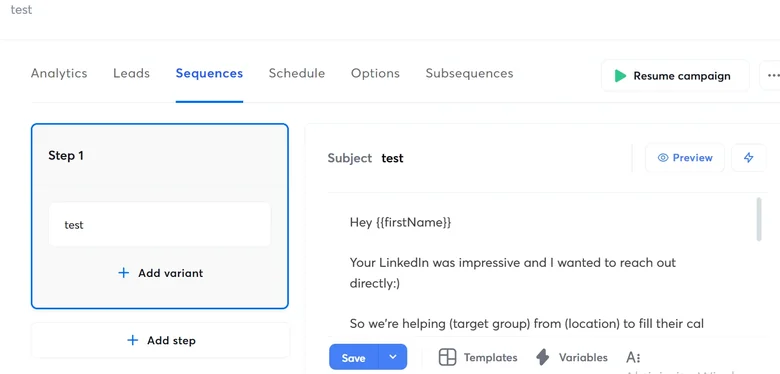Instantly campaign sequence editor showing step one with a subject line and a personalized email body using merge variables