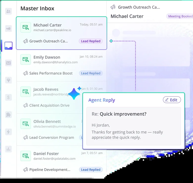 Smartlead master inbox consolidating replies from multiple sending mailboxes in one view with an AI-suggested reply draft