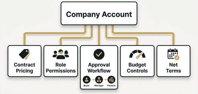 B2B ecommerce account commerce layer showing contract pricing roles approval workflows budget controls and net terms