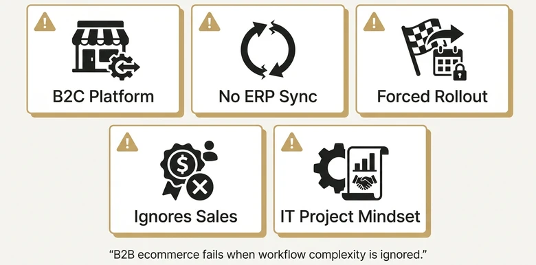 Common B2B ecommerce mistakes including B2C platform wrong ERP integration forced rollout ignored sales team and IT project mindset