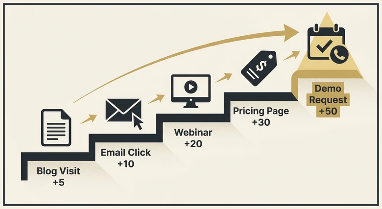 Behavioral lead scoring intent ladder from blog visit to demo request with increasing point values