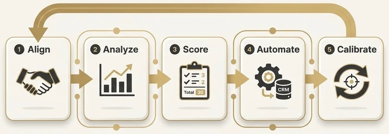Five-step B2B lead scoring workflow from alignment and analysis to scoring, automation, and calibration