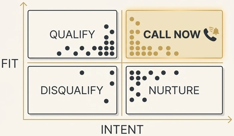 B2B lead scoring fit and intent matrix showing qualify, call now, disqualify, and nurture quadrants