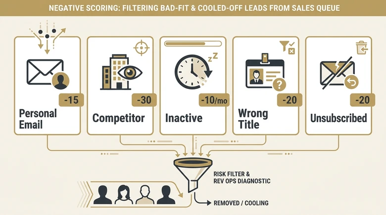 Negative lead scoring red flags including personal email, competitor, inactivity, wrong title, and unsubscribe signals