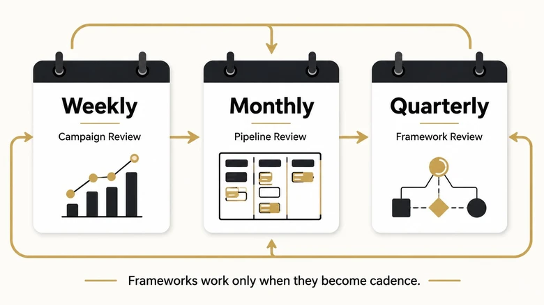 B2B marketing framework execution cadence showing weekly campaign review monthly pipeline review and quarterly framework review