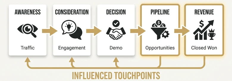 B2B marketing framework KPI chain from awareness and consideration to decision pipeline and revenue