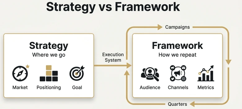 B2B marketing strategy versus framework showing goals and positioning connected to repeatable campaign execution