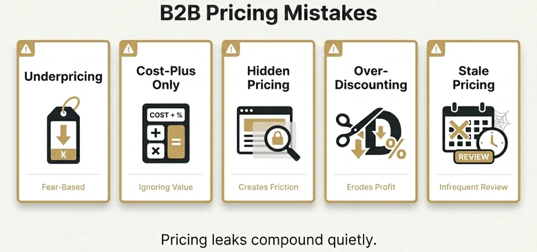 Common B2B pricing mistakes showing underpricing cost plus only hidden pricing over discounting and stale pricing