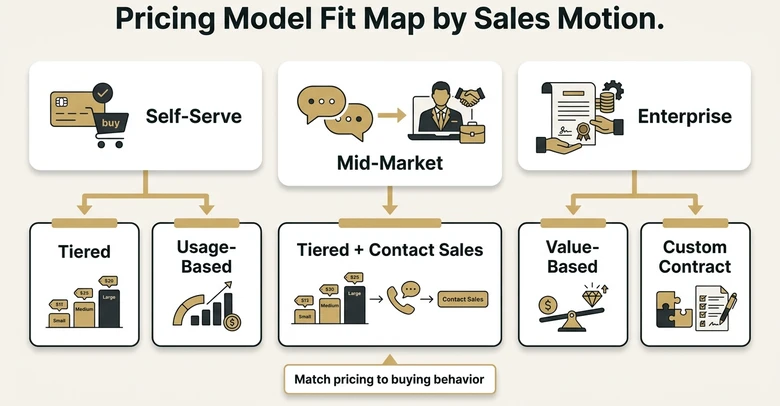 B2B pricing model fit by sales motion showing self serve tiered usage based mid market and enterprise contract pricing