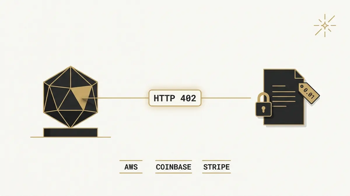 Flat editorial illustration of a geometric AI agent reaching across a center bridge labeled HTTP 402 toward a paywalled document, with AWS, Coinbase, and Stripe wordmarks anchoring the new Bedrock AgentCore Payments capability for autonomous AI-agent transactions.