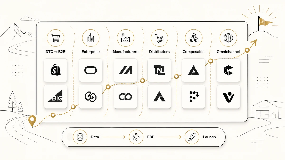 B2B ecommerce platform selection board showing 12 platform tiles grouped by use case, with a data, ERP, and launch migration path.