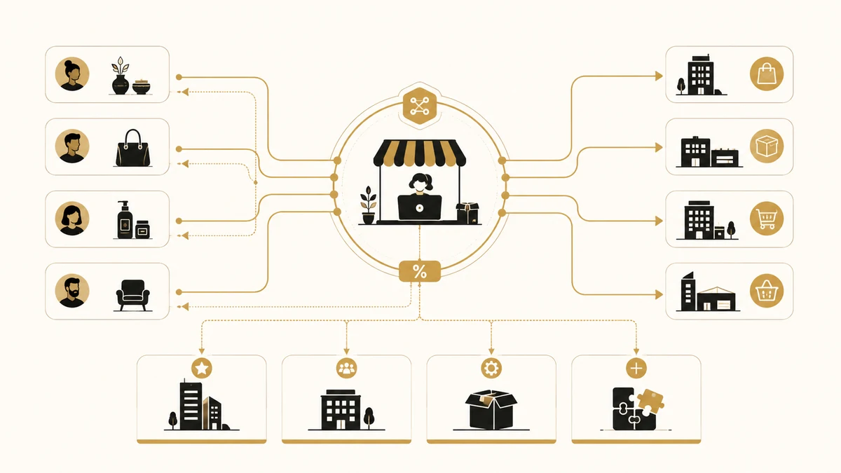 B2B marketplace operator hub connecting sellers, buyers, payouts, and platform tiers for multi-vendor marketplace software.