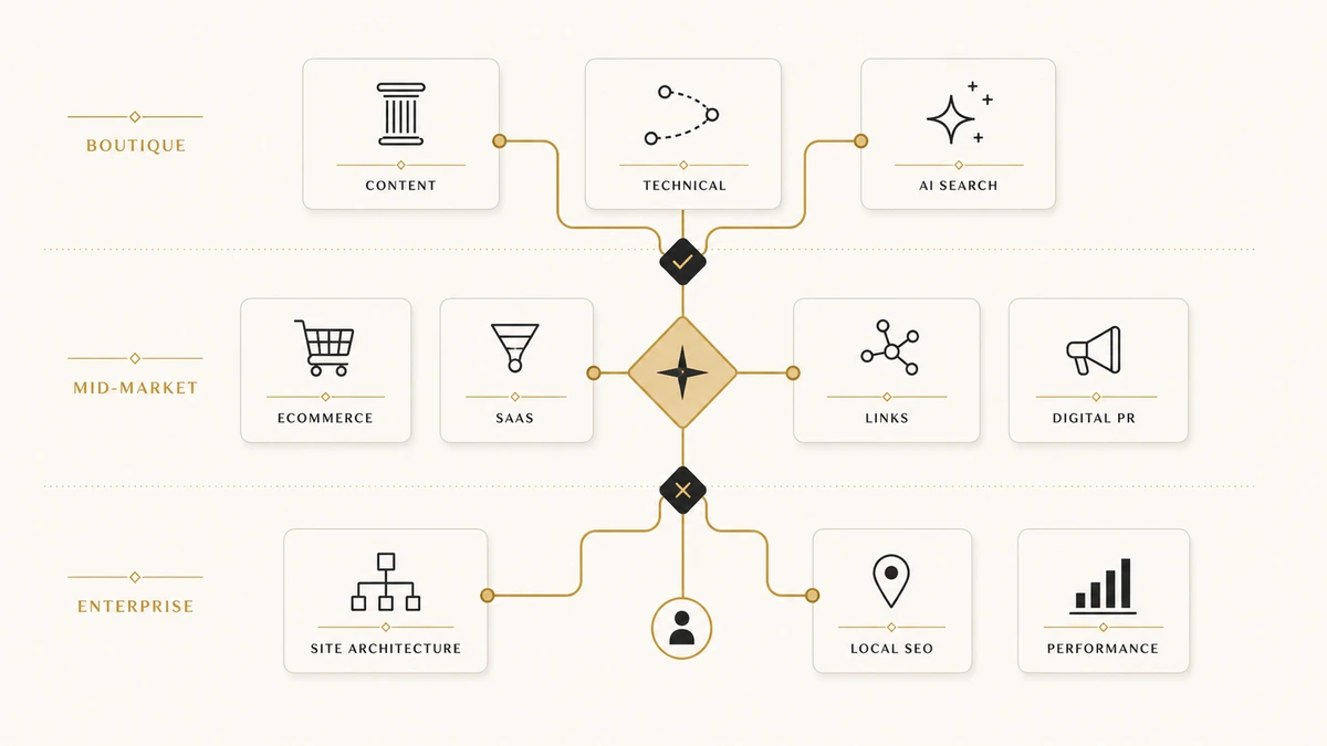 B2B SEO agency selection map showing boutique, mid-market, and enterprise tiers across content, technical SEO, AI search, SaaS, links, and performance specialties